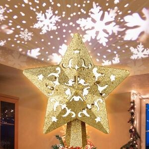 Christmas Tree Topper Star in Gold with Rotating Snowflake Projection LED Light